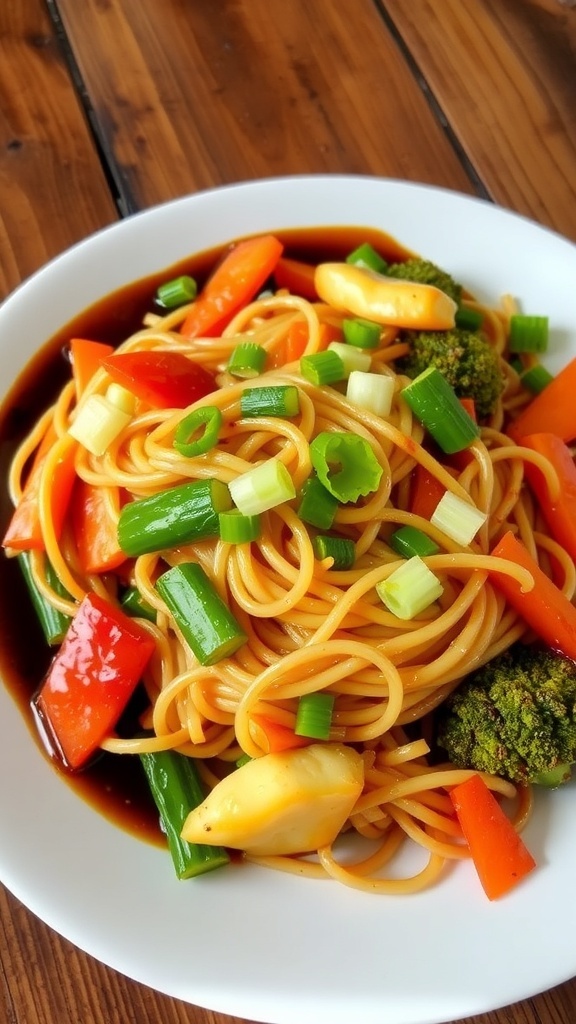 A plate of stir-fried noodles with vegetables, garnished with green onions on a rustic table.